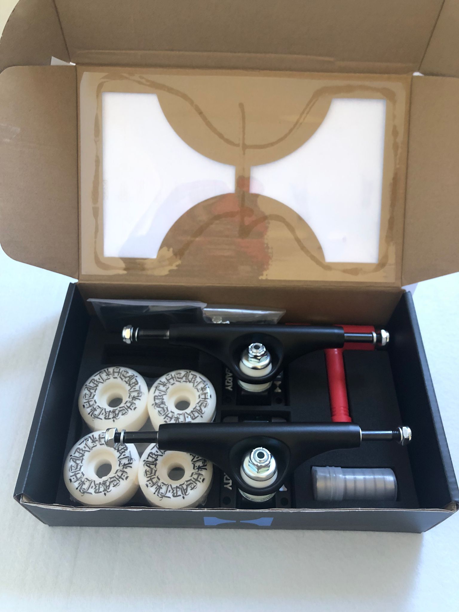Skateboard TRUCKS and WHEELS combo + Griptape, Bearings, Hardware, Risers, T-tool